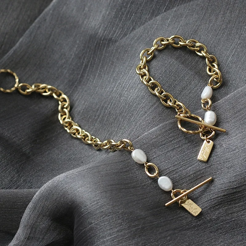 

Trendy 14K Gold Stainless Steel Toggle Letter Brand Irregular Freshwater Pearl Bracelet