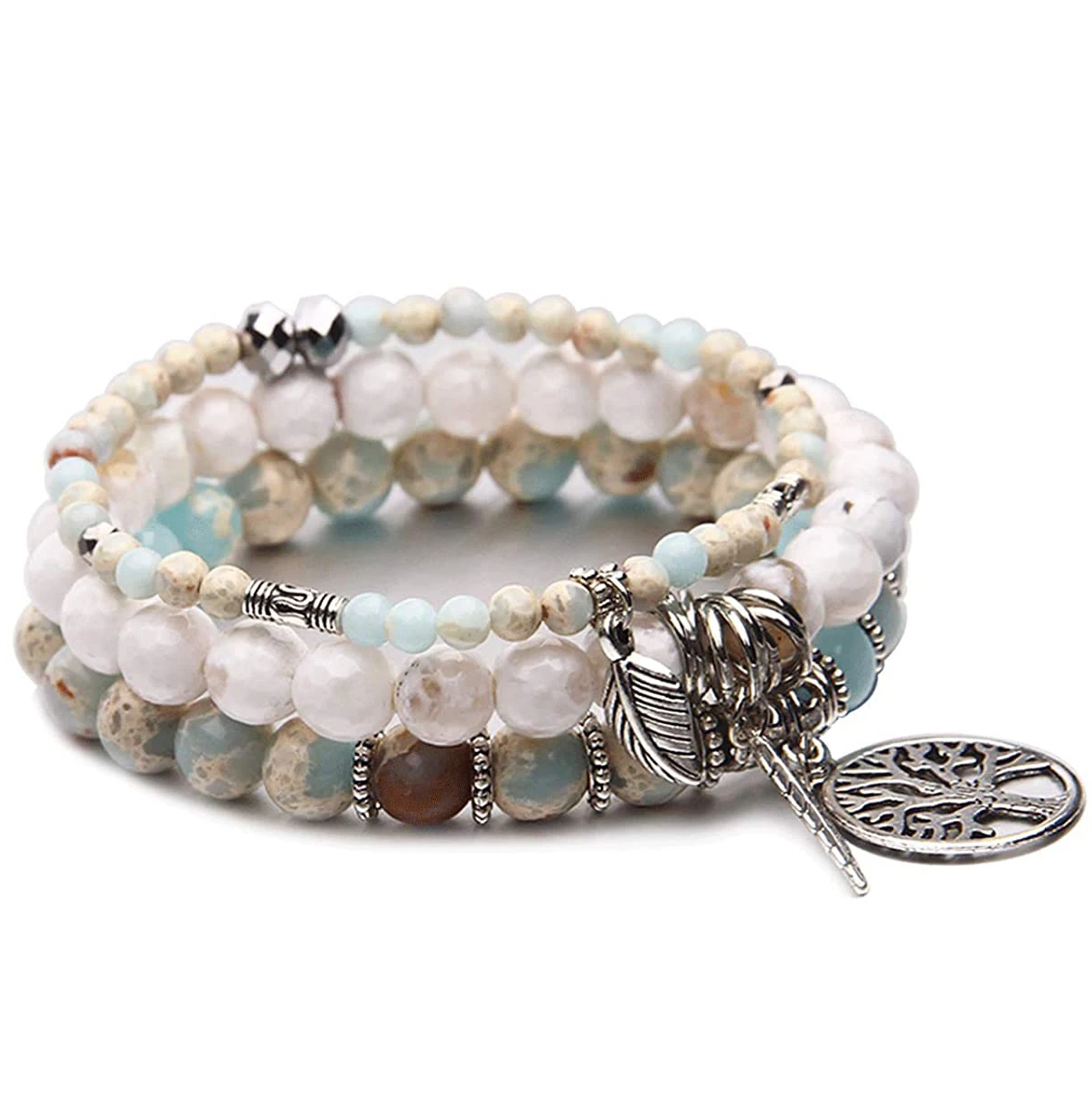 

Tree of Life Turquoise Jasper & Tibetan Agate Gemstone Chakra Beaded Bracelet | Beach Charm Bracelet Set - Ocean Jewelry