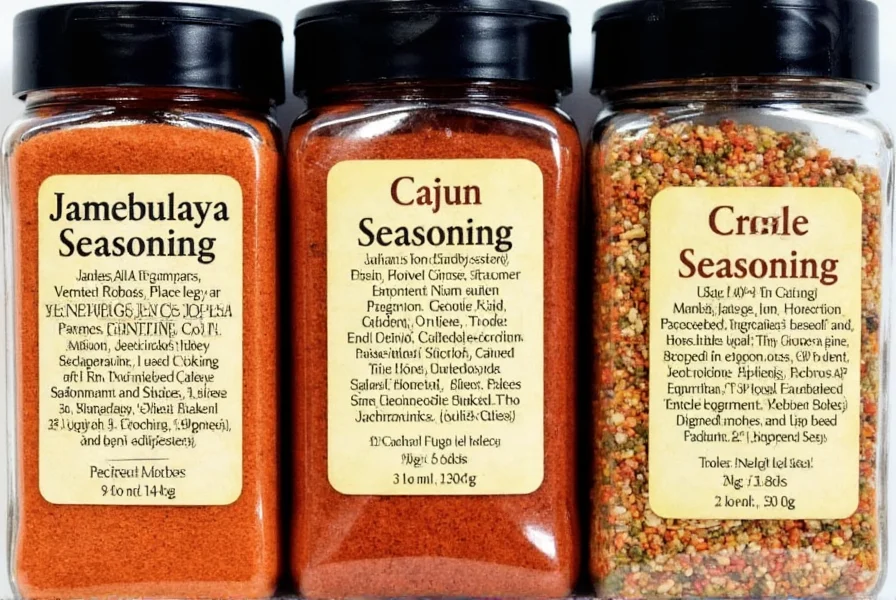 Side-by-side comparison of three spice jars labeled 'Jambalaya Seasoning', 'Cajun Seasoning', and 'Creole Seasoning' with their respective ingredient lists visible