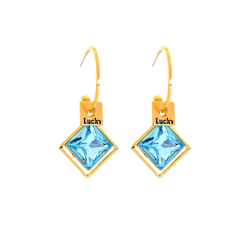 

90047 Lucky Letter Dangle Custom Logo 925 Fashion Sapphire Real Gold Plated Diamonds Earrings Jewelry Women