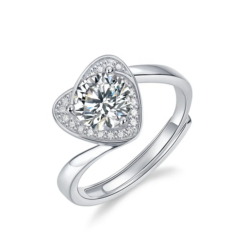 

New Arrival Sterling Silver Adjustable Diamond Ring Romantic Heart Shaped Moissanite Diamond Rings Valentine's Day Gifts