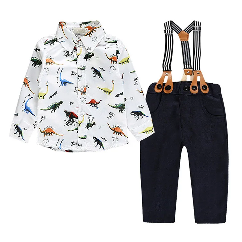 Foreign Trade Kids Clothing Western Autumn Boy Printing Dinosaur Cartoon Shirts Straps Pants Suits Children 2 pcs Sets