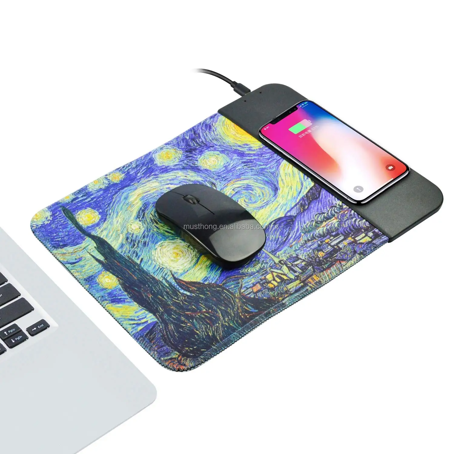 qi无线充电游戏鼠标垫,带有可折叠的强盗材料表面和用于手机的led充电