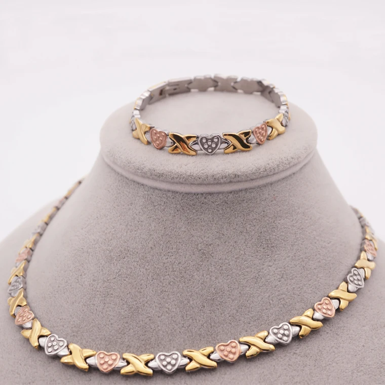 

Wholesale18K Gold Jewelry Stainless Steel Three Tones X Heart Pattern Set