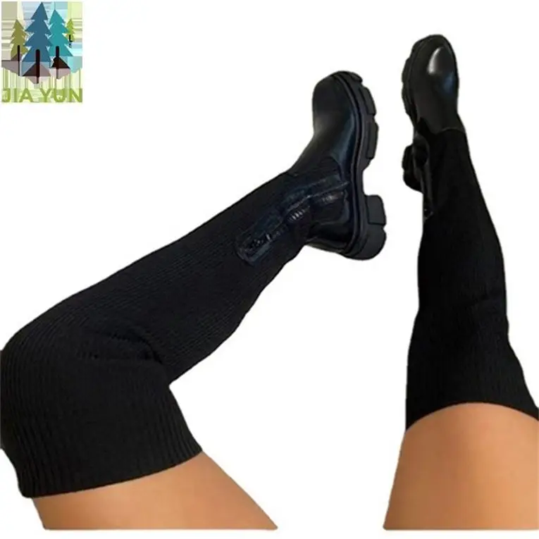 

flat fly knit Sock Boots Women Sexy Wrinkle over Free Shipping Over Knee Boots Solid Stiletto Stretch the knee boots thigh high