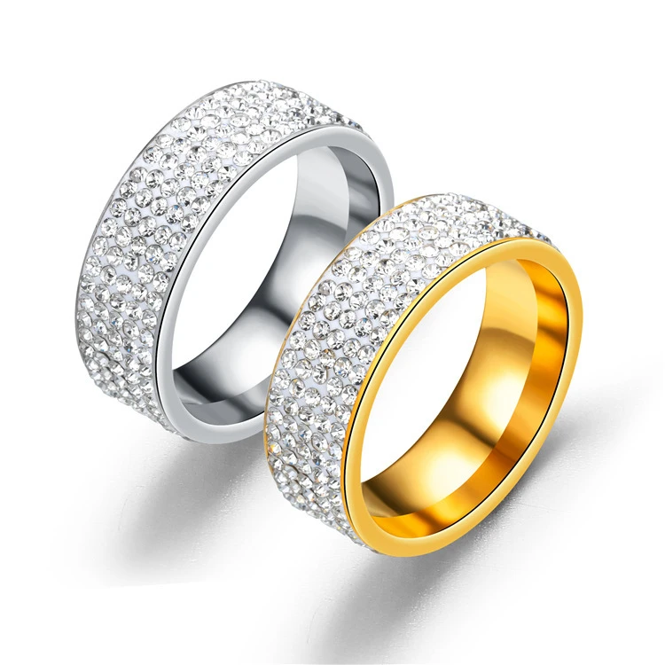 

8mm Stainless Steel Rings For Women Men Five Rows Cubic Zircon Wedding Engagement Ring Female Jewelry