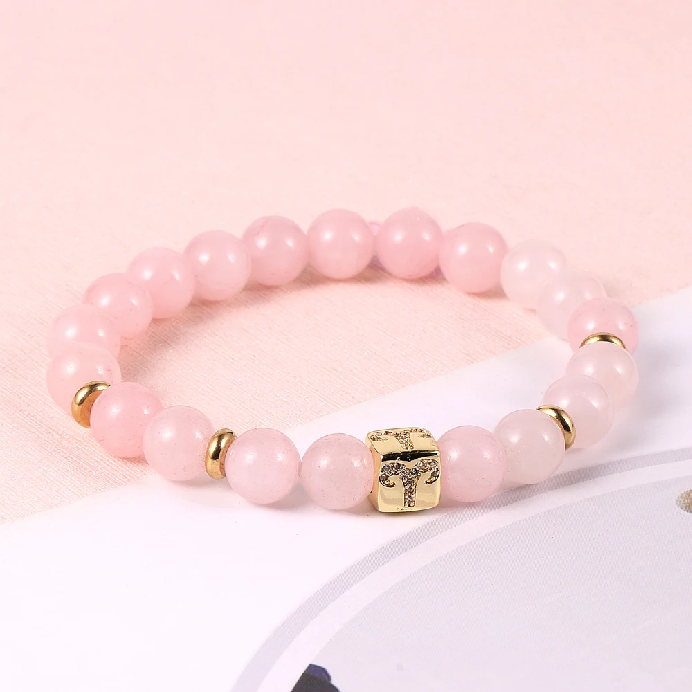 

Zodiac Signs 12 Constelation Couple Bracelet Men Women Rose Quartz Pink Crystal Beaded Bracelets