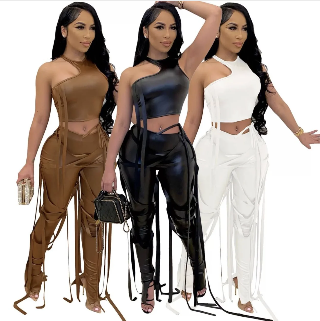 

Premium Bandage Unique Leather Two Piece Set One Shoulder Tassel Pants Leather Two Piece Set For Women, As picture or customize color