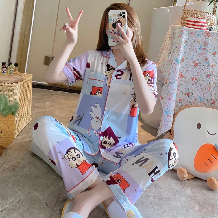 

Home Clothes Plus Korean Short Sleeve Pajama Home Wear Pyjama Piyama Murah Daster Wanita Satin Sleepwear 2 Piece Sleep Wear Set