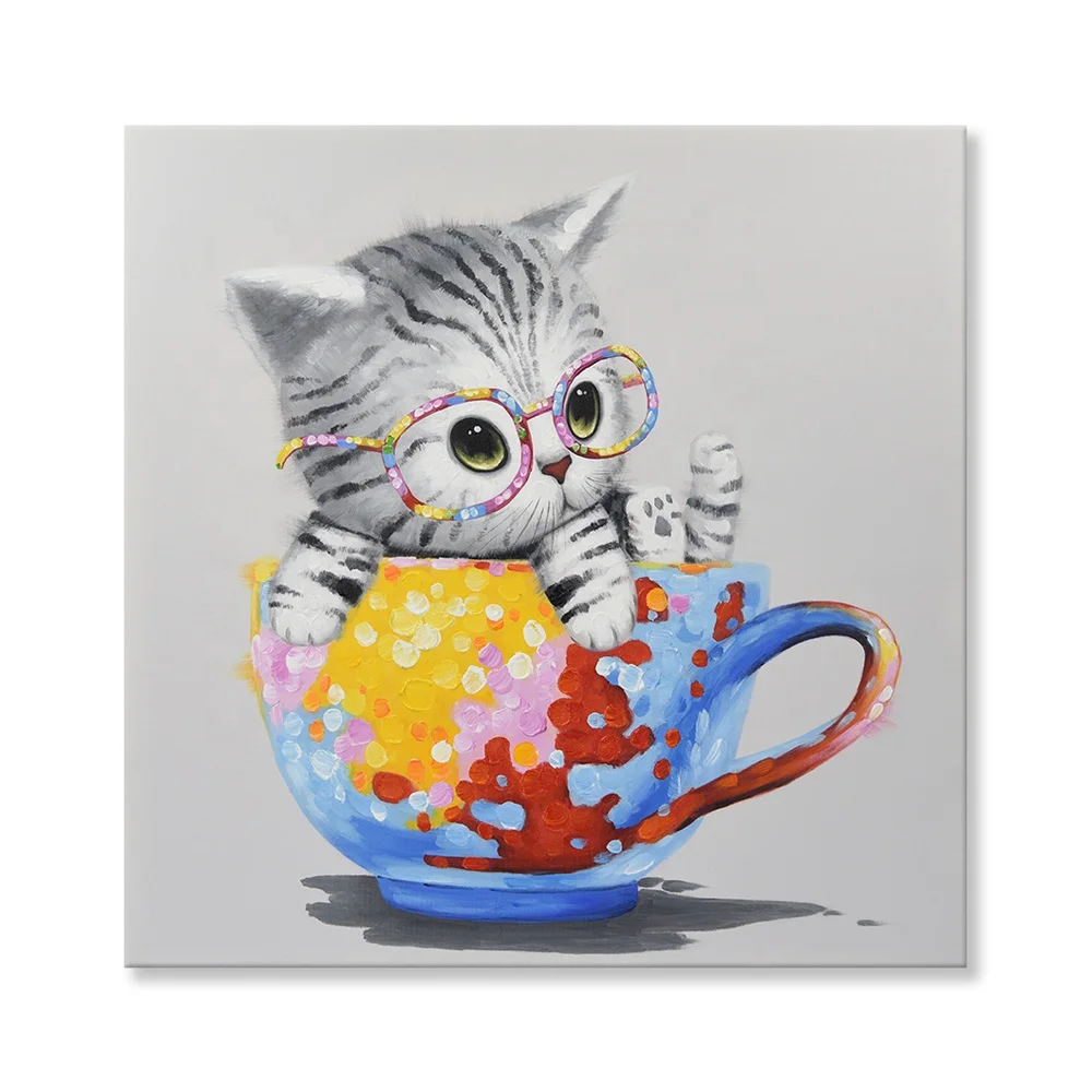 

Colorful Cat Hand-Painted Painting Animals Artwork Cute Kitty Picture Stretched Frame, Multi colors