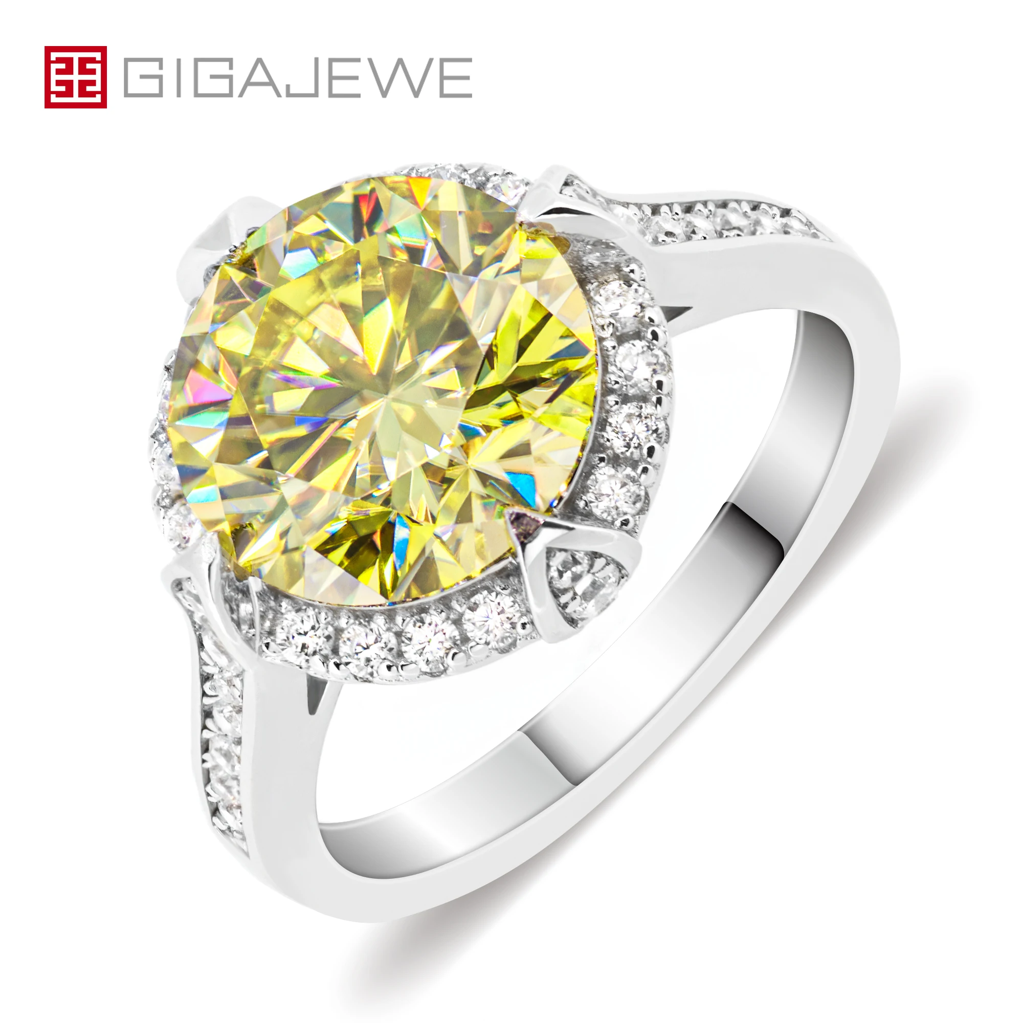 

GIGAJEWE 4ct 10mm Round Cut Moissanite vivid yellow Color 9K/14K/18K White Gold Ring , Wedding Engagement Ring