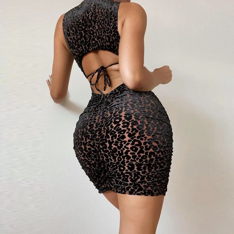 

Factory Round Neck Sleeveless Bodycon Hollow Out Leopard Casual Cheap Woman Dress