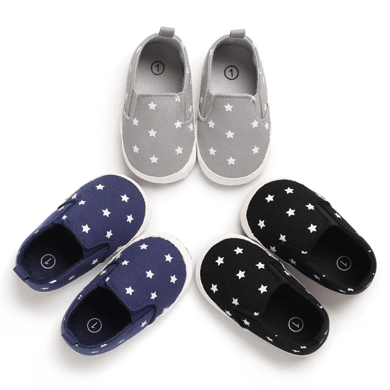 

MOQ 1 Cheap Canvas stars print First walker slip on loafers baby casual shoes, Blue/black/grey