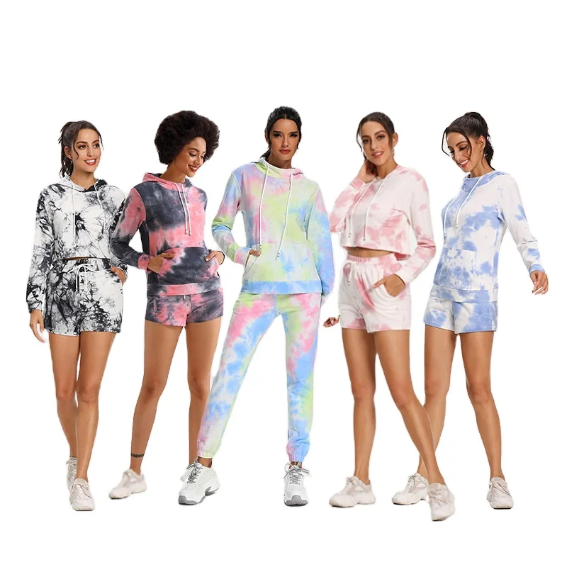 

2021 hot sale plus size women tie dye short pant and long sleeve hoodies wear yoga set, Customized colors
