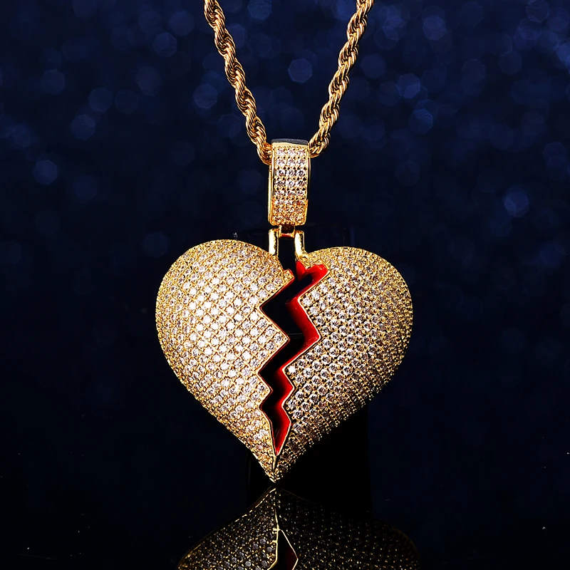 

2021 New Idea Unisex Men Women Couple Hip Hop Jewelry Iced Out Broken Heart Chain Pendant Necklace