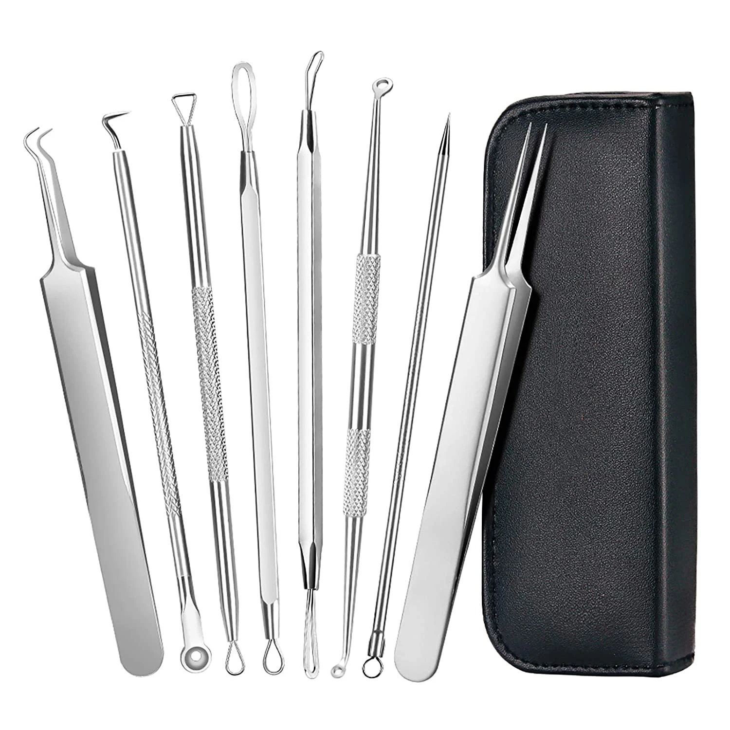 

8pcs Blackhead Remover Pimple Popper Extractor Acne Removal Tools Kit with Leather Bag