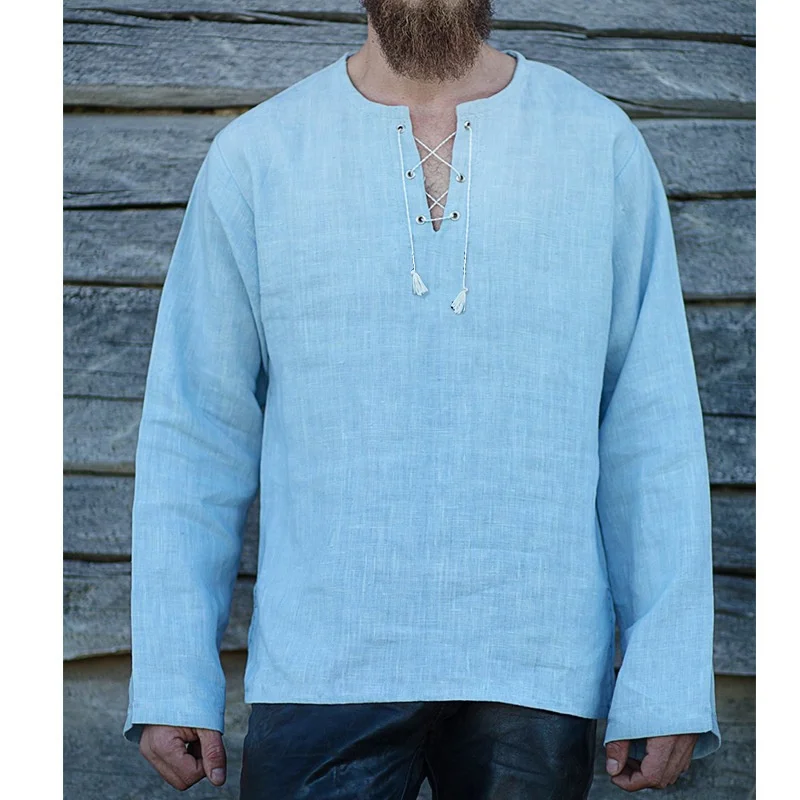 

Men's Solid Color Hemp Fabric tshirt Lace up Middle Eastern style Mens plain elastic band loose long sleeve flax T-shirt