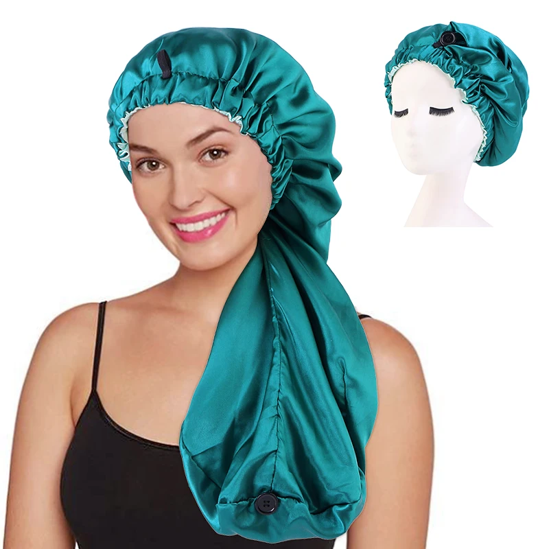 

Double Layer Silky Satin Bonnet For Long Hair Dredlock Hair Dryer Shower Cap Hats Bonnet With Button