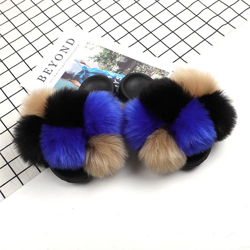 

women slides with 6 faux fur balls cute puff ball fur slides pom pom fur slippers, Red,blue ,green ,orange ,brown