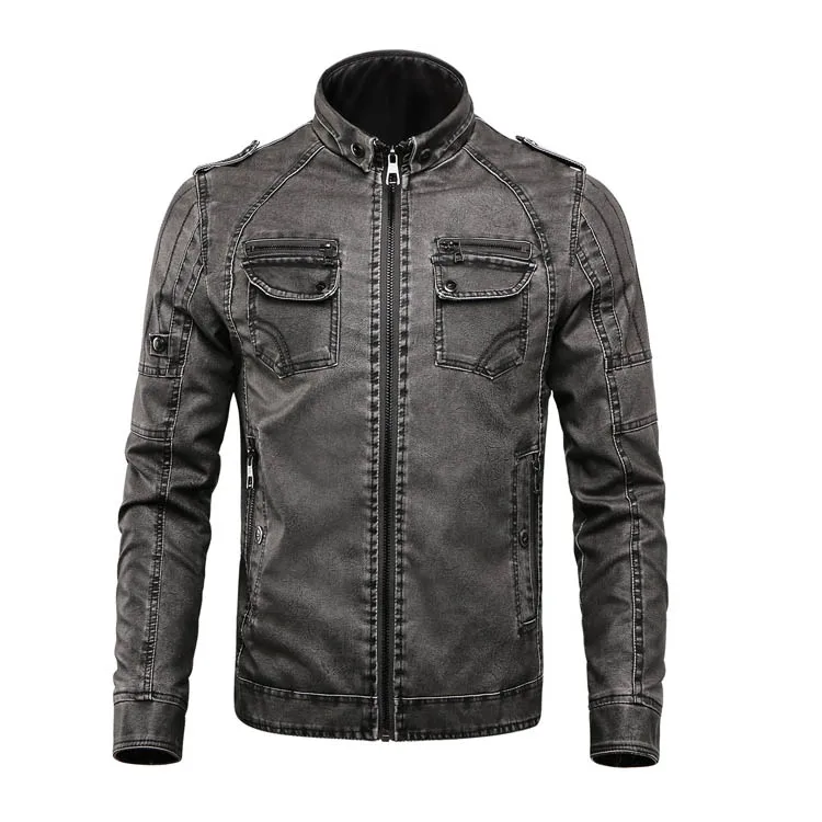 

2022 Custom men's vintage stand collar winter PU washed leather jacket