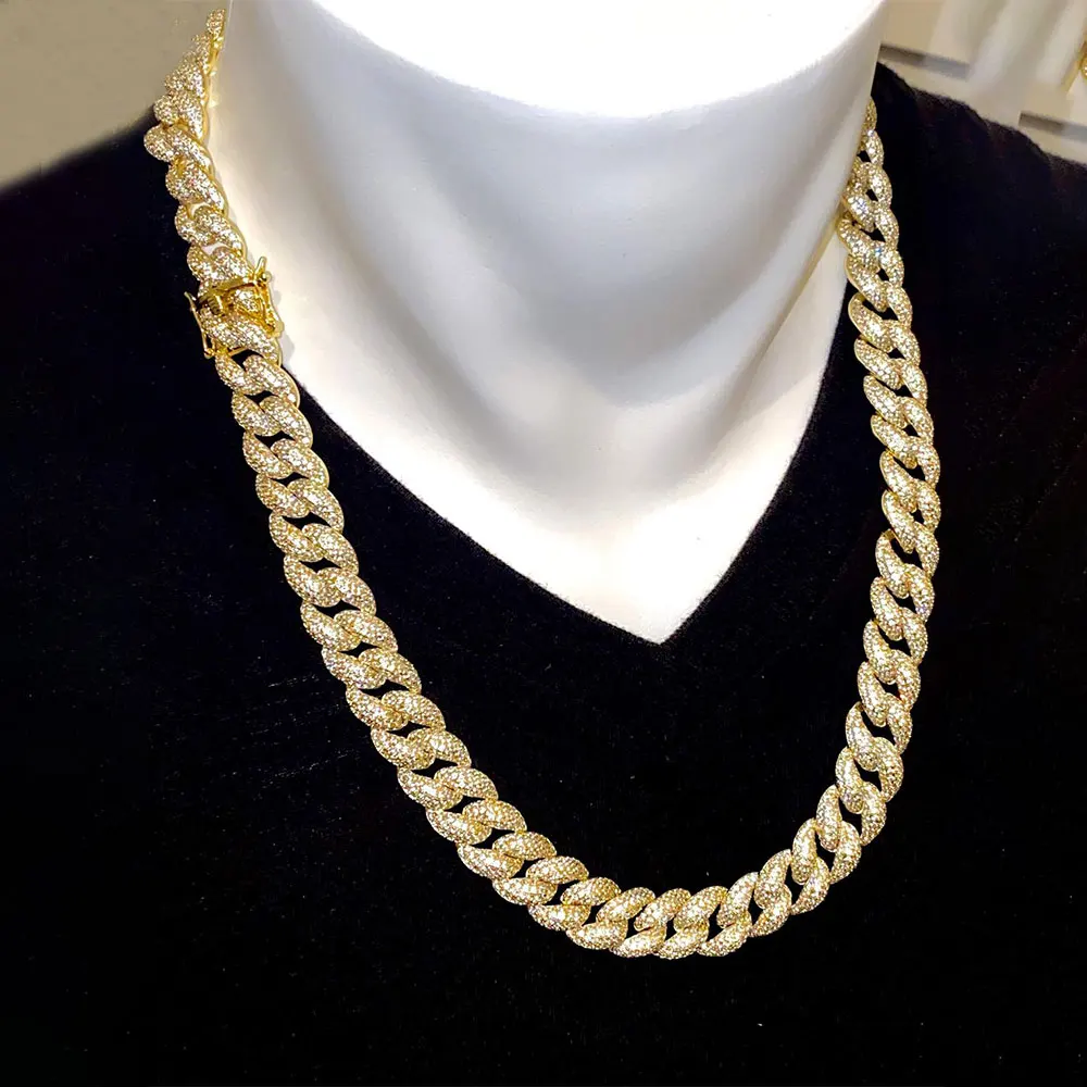 

Discount 14K gold plating Men's 12.5mm micro pave Miami Cuban Link Chain Necklace Icy