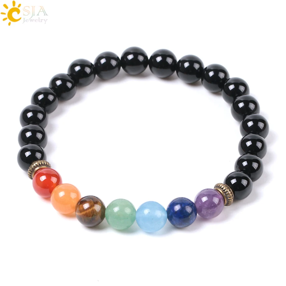 

CSJA fashion handmade 7 color bracelet healing balance prayer crystal natural black onyx stone bead men bracelet E952