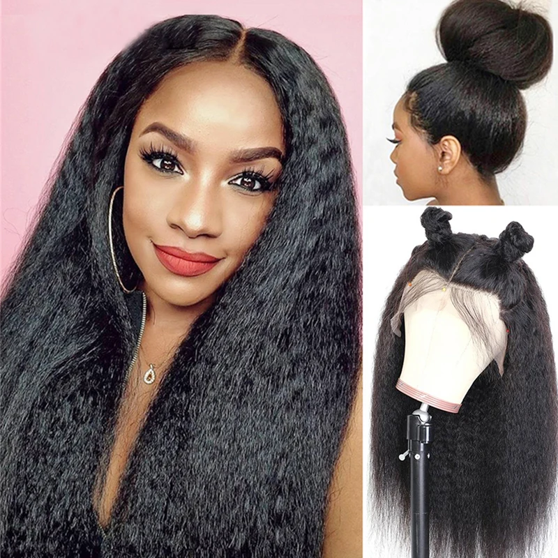 

The Most Popular 180 Density Frontal Lace Brazilian Free Human Yaki 1B Natural Color Frontal Lace Human Hair Wig Kinky Straight