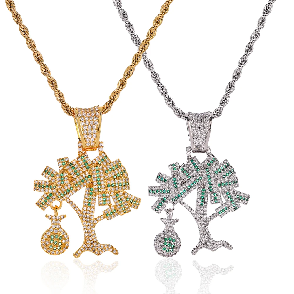 

2020 Trendy Personalized Gold Plated CZ Diamond Money Bag Tree Pendant Necklace Women, Gold/silver
