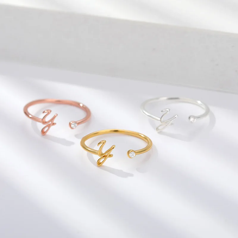 

custom stainless steel gold plated initial letter open rings with zircon jewelry