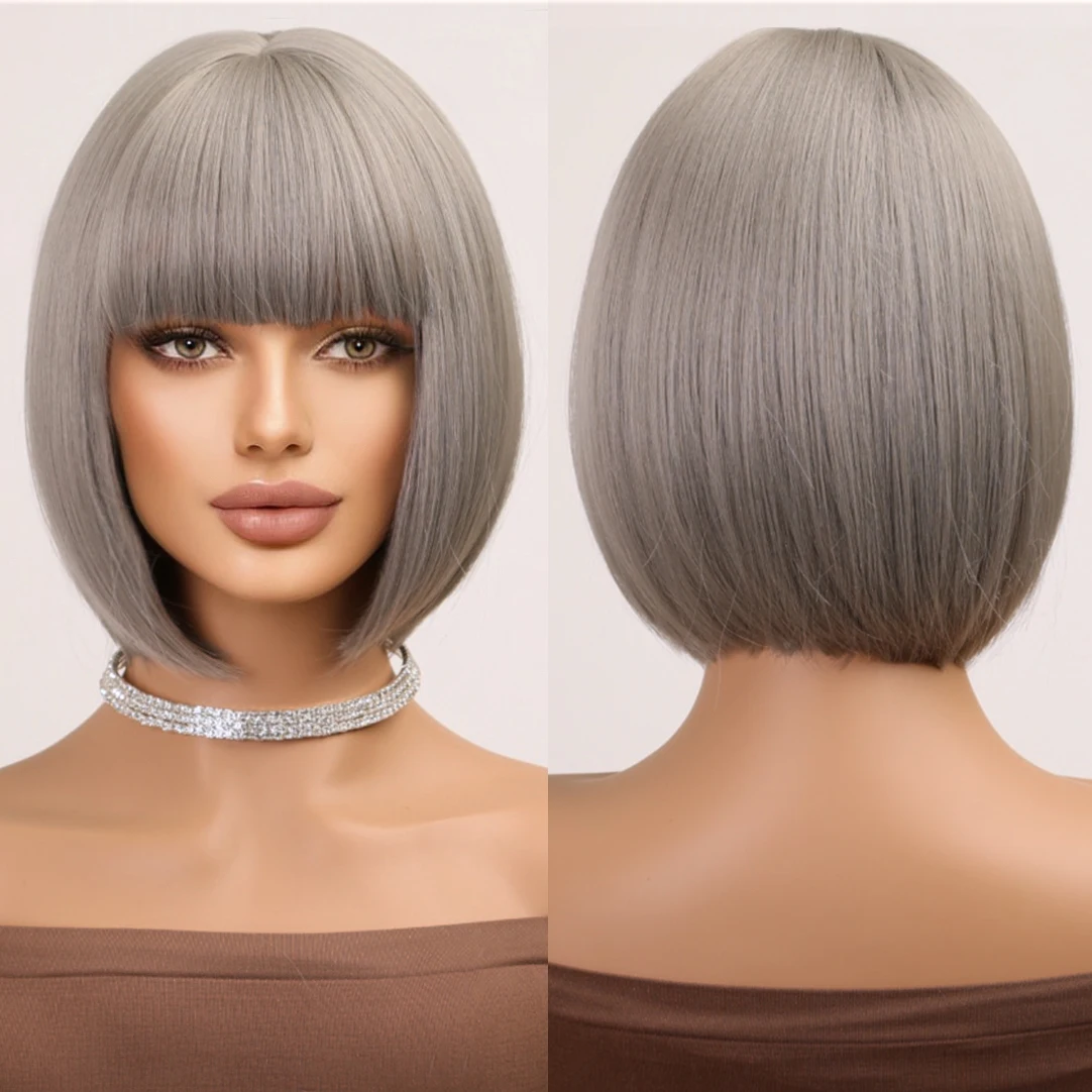 Factory Wholesale Gray Silver With Bangs Bob Synthetic Wig Short Straight Natural Durable Matte Real Photo Solid Color