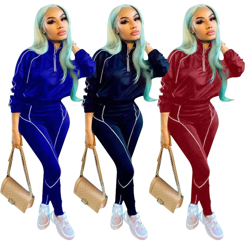 

Fall Women Sweat Sets Long Sleeve 2 Piece Pants Set Solid Color Clothes Women With Zipper Womens Two Piece Jogger Sets, Black,burgundy,blue