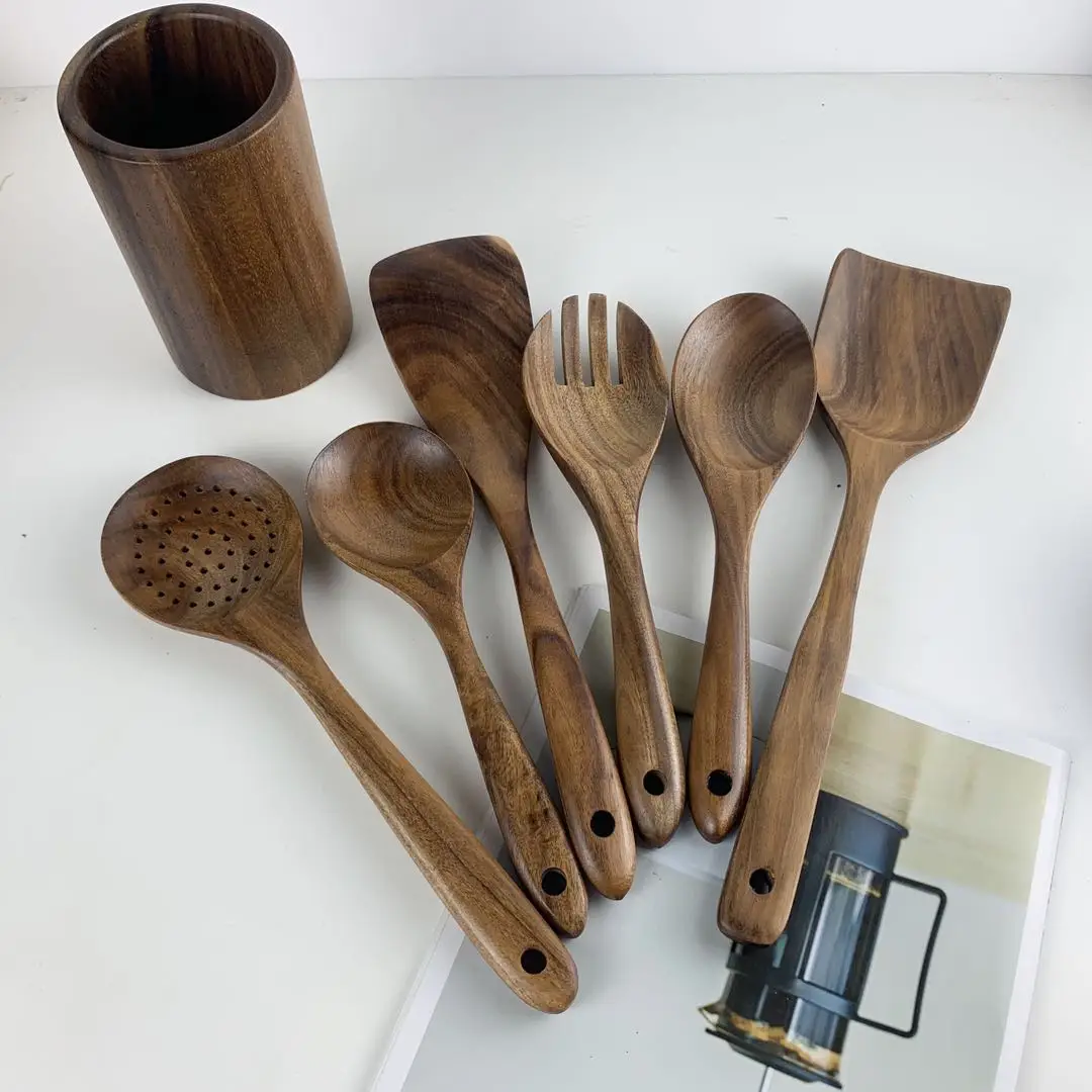 

Amazon Top Sale Home Gift Custom Logo Kitchen Teak Wood Cooking Utensils Set With Holder, Natural wood
