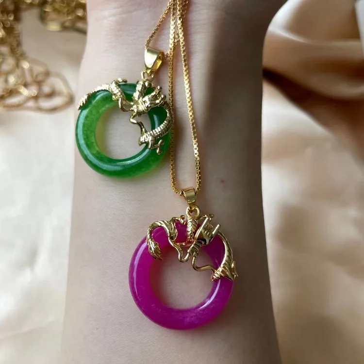 

Jialin INS natural stone green fuchsia pink dragon jade circle round shape 7a jade dragon necklace