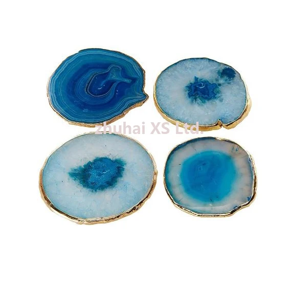 

XS ltd. Wholesale Custom Blue Natural Sliced Crystal With Gold Rim Agate Coaster Set Slices