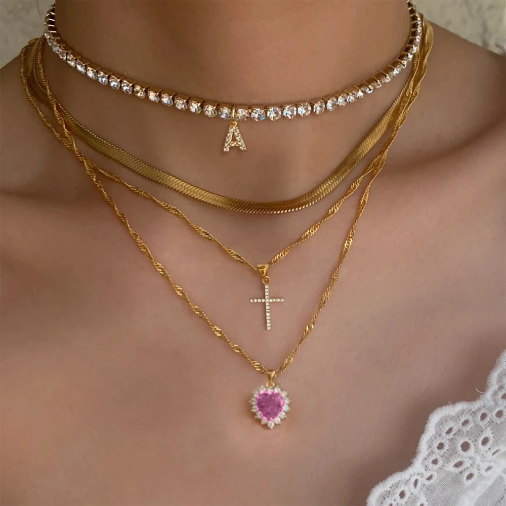 

Fashion Gold Plated Metal Jewelry Snake Chain Crystal Letter Cross Pendant Heart Shaped Rhinestone Necklace