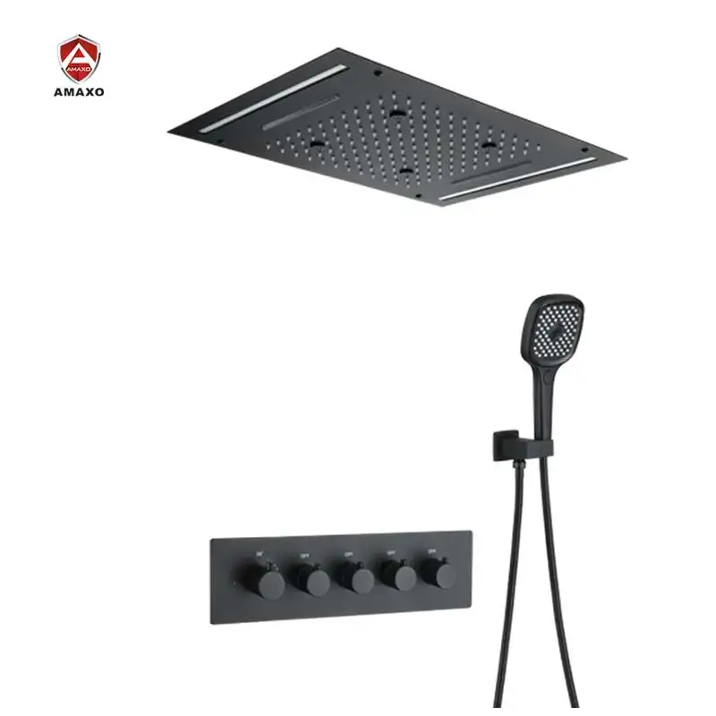 

Bathroom led rainfall shower set 600*600mm embed ceiling rain showerhead set thermostatic diverter valve with massage body jets