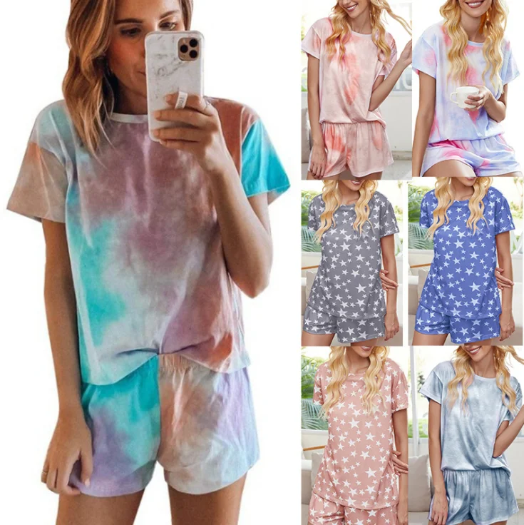 

Breathable Round Neck Elastic Waist Short-sleeved Cotton Tie Dye Printing Family Two Piece Pajama Shorts Sets For Women, Multi color optional