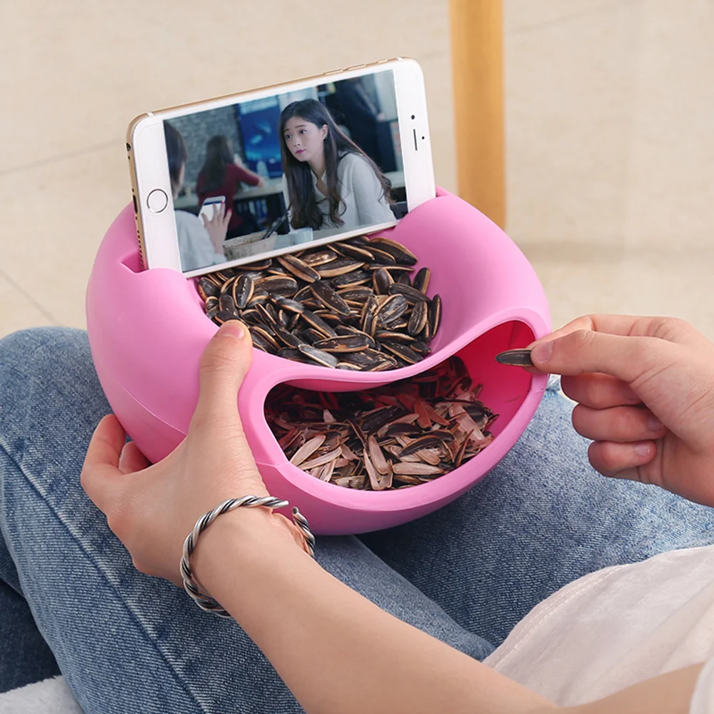 

Lazy Snack Bowl Plastic Double-Layer Snack Storage Box Bowl Fruit Bowl And Mobile Phone Bracket Chase Artifact 4Colors