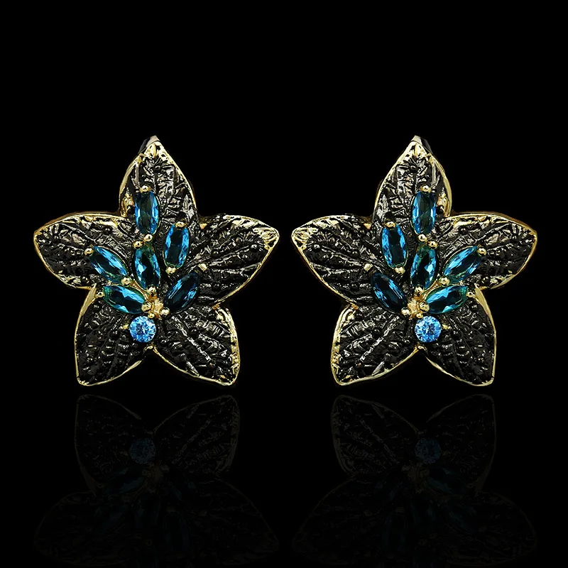 

Antique Designs KYED0548 Five-pointed Star Shape Blue Zircon Earrings Flower Earrings for Women, Black