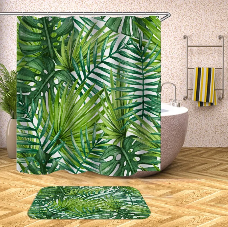 

Wholesale with factory price floral bathroom 3d tree green plants shower curtain sets with rugs