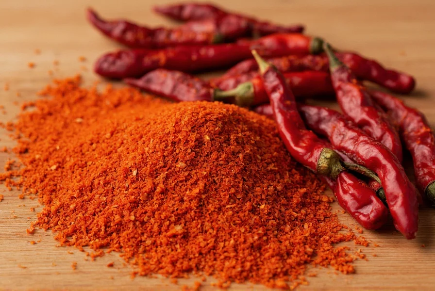 Close-up of vibrant red Aleppo pepper flakes next to whole dried Aleppo peppers on a wooden cutting board