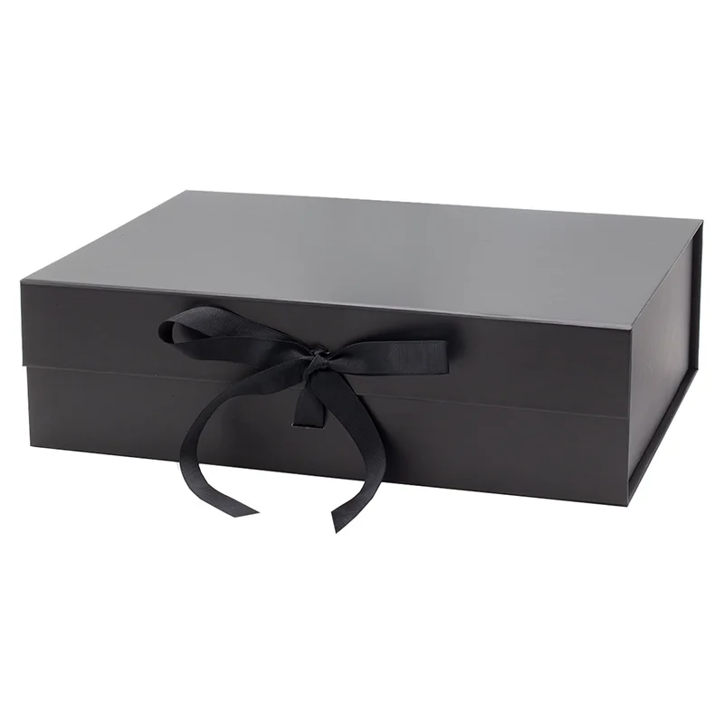 

Large luxury plain black garment retail packaging magnet lid gift box with ribbon