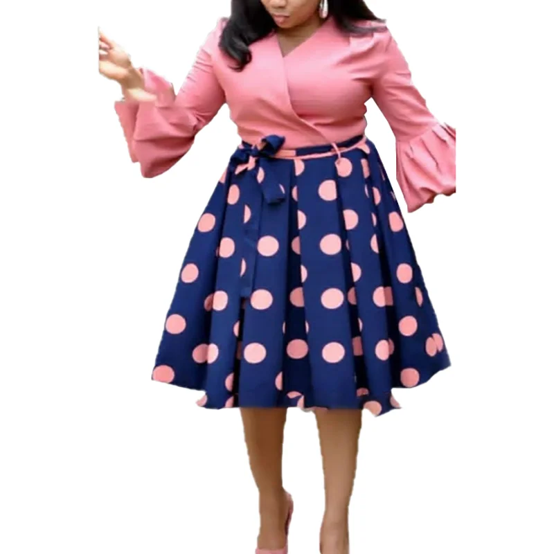 

Autumn Flare Sleeve Patchwork Dot Classic Sashes Lady Casual Dress, As photo