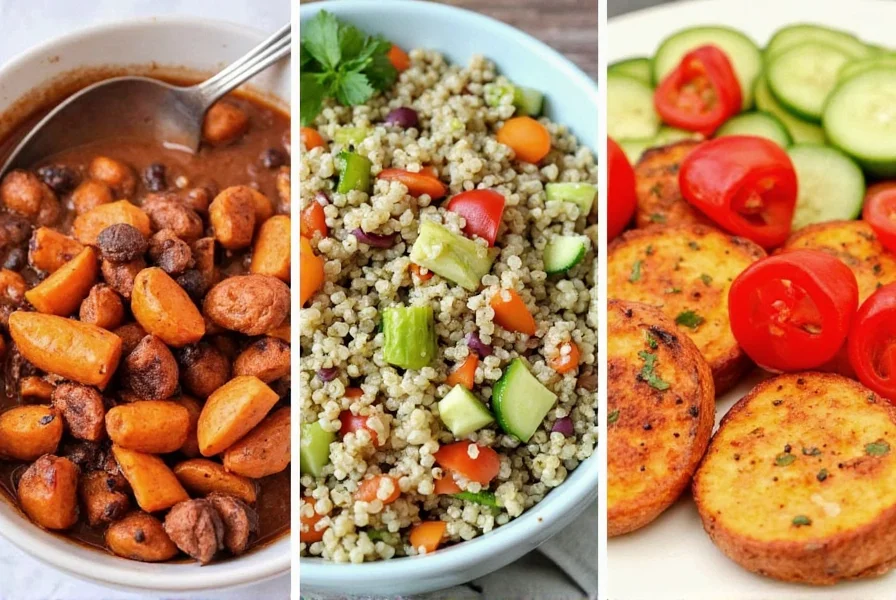 Gluten-free and vegetarian side dishes for chili including roasted sweet potatoes, quinoa salad, and fresh vegetable sticks