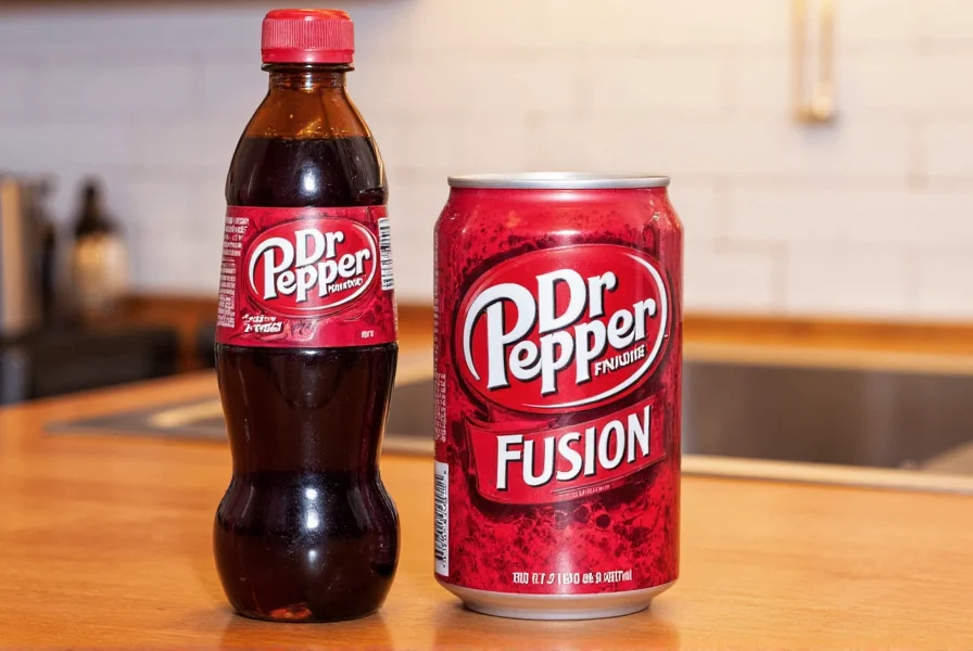 Dr Pepper Red Fusion can next to regular Dr Pepper bottle showing color difference