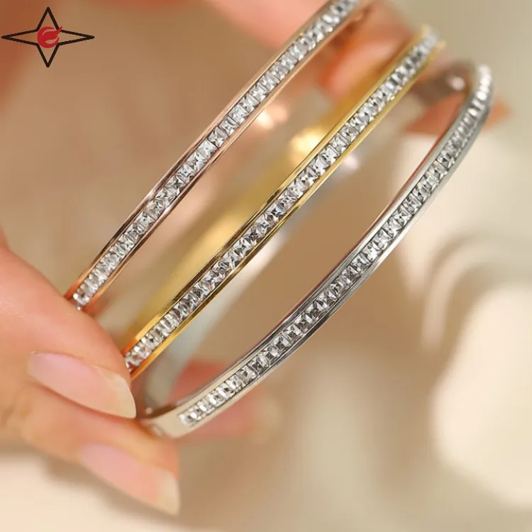 

Wholesale Hot Silver 18k Gold Plated Charms Zodiac Bangles Oval Shape Full Star Cz Bangle For Women