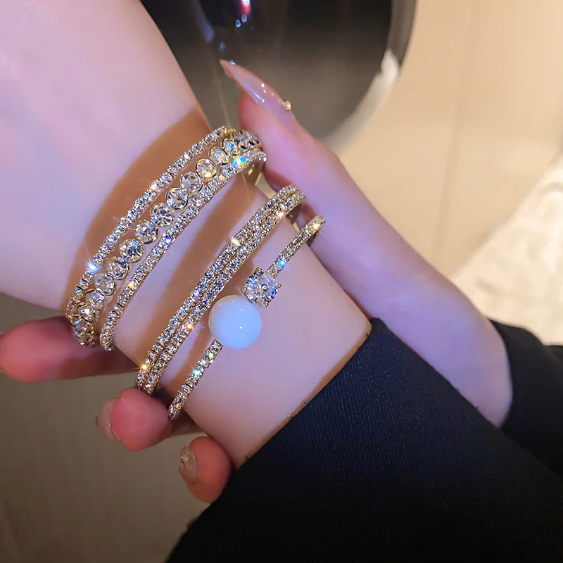 

Sparkling CZ Diamond Crystal Bracelet Luxury Bling Rhinestone Tennis Chain Open Bangle Bracelet For Women Party