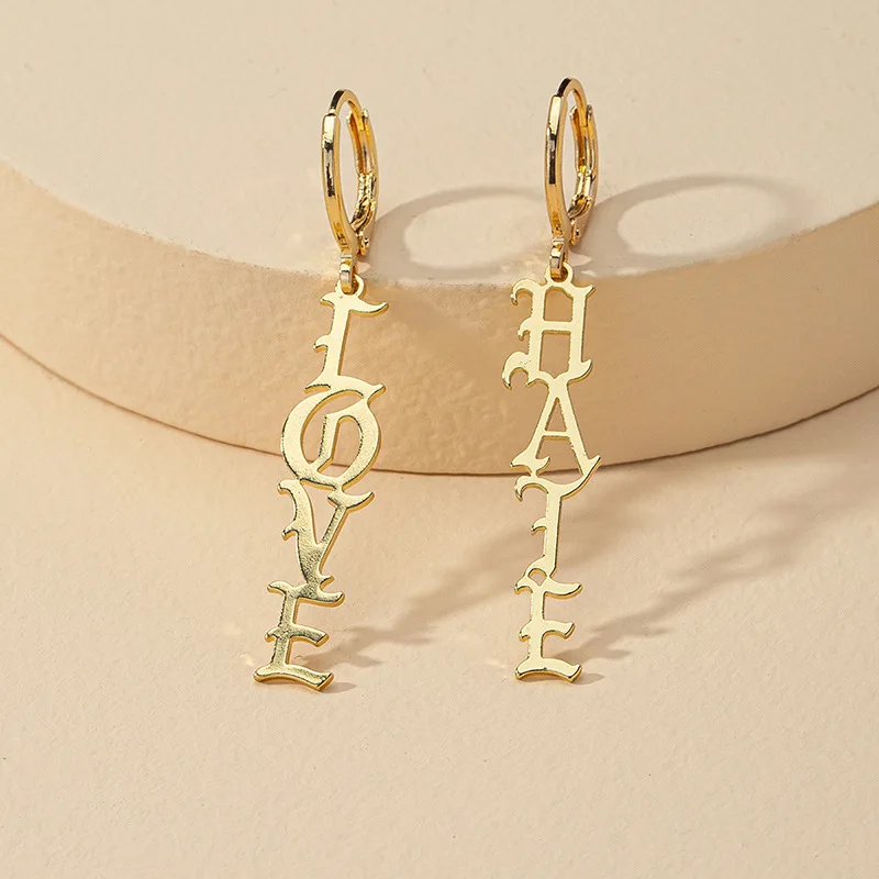 

New Arrival Fashion 18k Gold Plated Love Hate Words Hoop Earrings Punk Gothic Font LOVE HATE Letter Drop Earrings