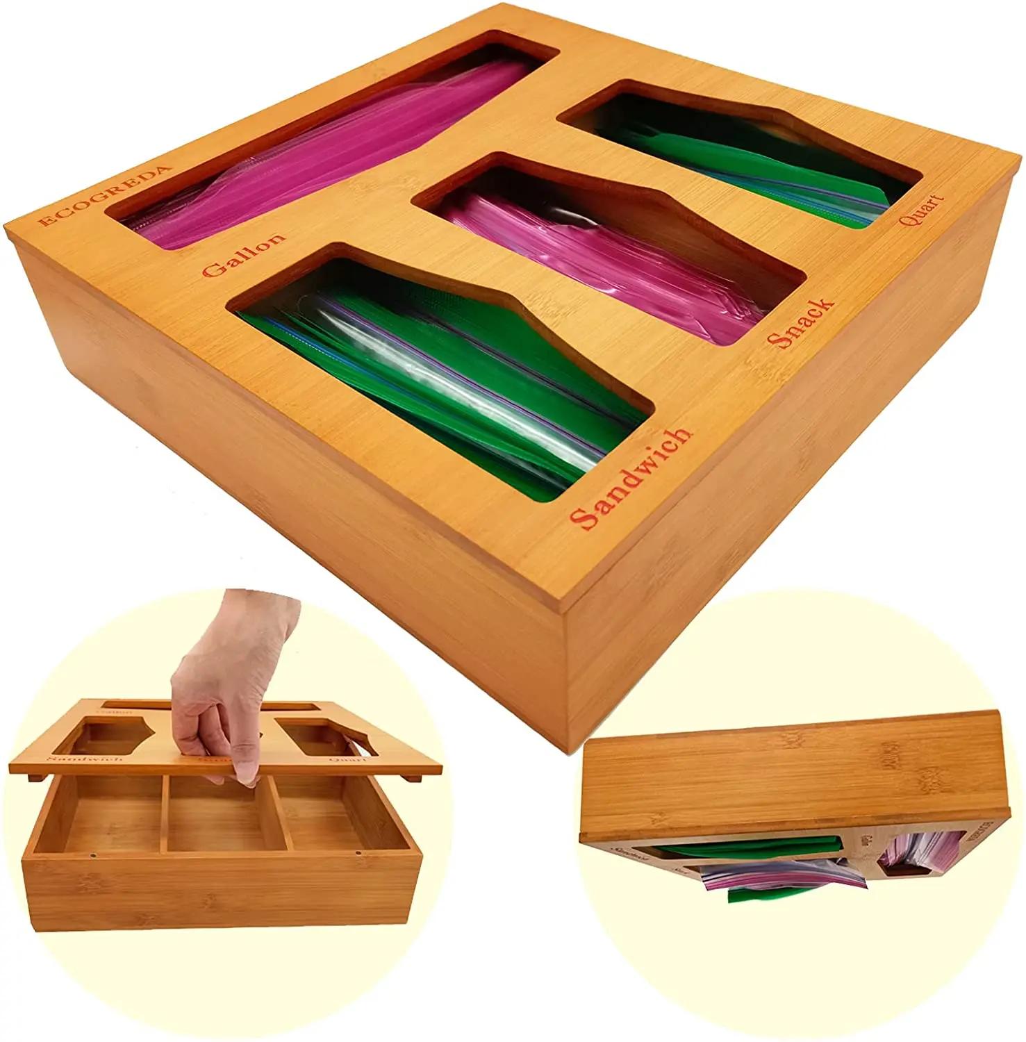 

Customized Bamboo Ziplock Bag Storage Organizer for Kitchen Drawer with Logo on, Original bamboo color