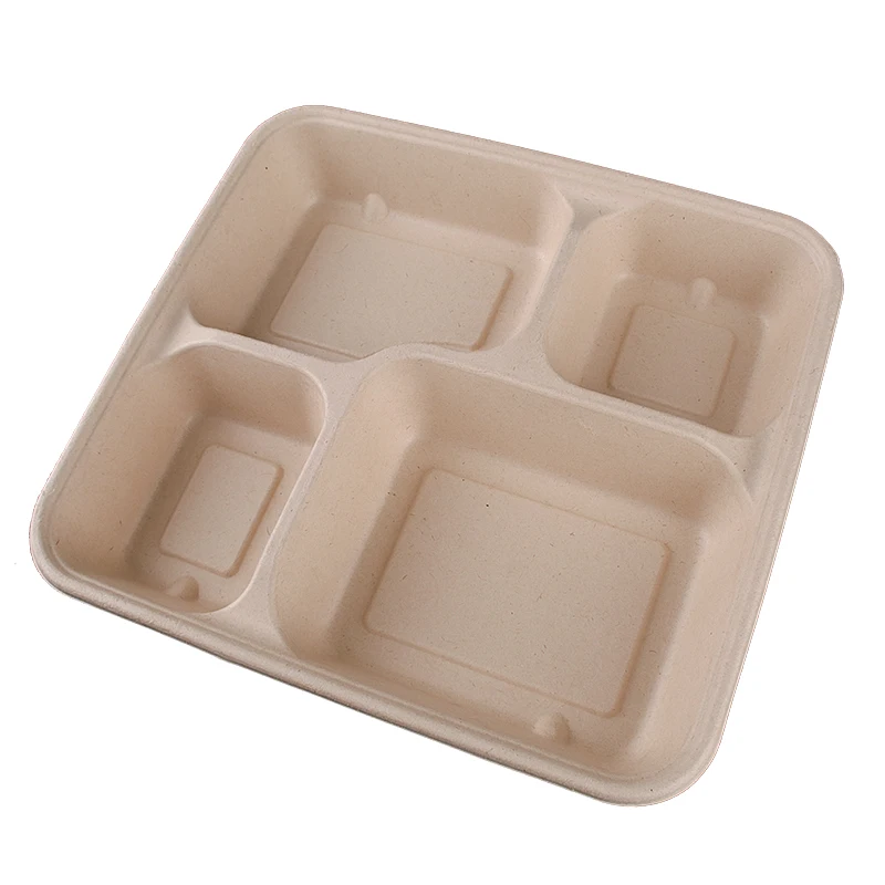 

100%Biodegradable Takeaway Sugarcane Pulp Bagasse School Lunch Tray 4 Compartments Tray With Pulp Lid